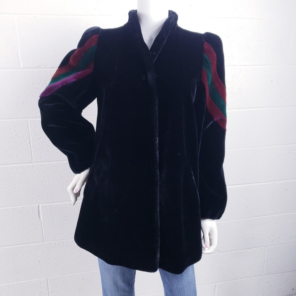 Vintage 80s Sasson Borgazia Women's Coat Faux‎ Fur Black Deep Pile Black Size 8